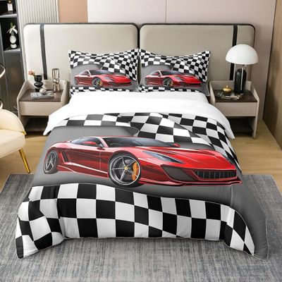 Castle Fairy 100% Nature Cotton Red Racing Car Duvet Cover Set Black White Checkered Flag Comforter Cover Set Twin Size with 1 Pillowcase Cartoon Street Style Graffiti Bedding Set(Not Comforter)