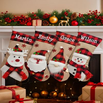 Printualist Personalized Christmas Stockings (18 inch) - Custom Embroidered Name Red Green Ivory Santa Deer Tree Pet Cat Dog- Rustic Farmhouse Fireplace for Family Decorations Holiday