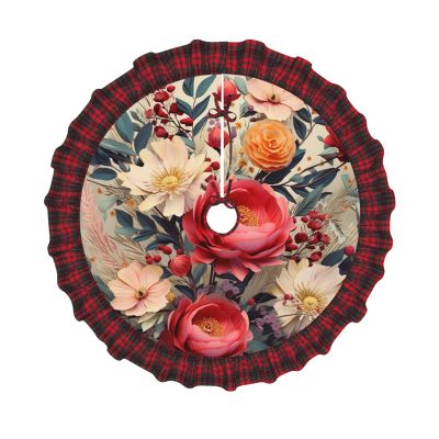 Modern Floral Christmas Tree Skirt Vintage Xmas Tree Skirt with Red Black Buffalo Plaid Edge Christmas Tree Mat Christmas Tree Ornaments for Holiday Party Christmas Decorations