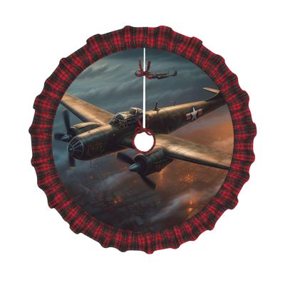 World War Aircraft Christmas Tree Skirt Vintage Xmas Tree Skirt with Red Black Buffalo Plaid Edge Christmas Tree Mat Christmas Tree Ornaments for Holiday Party Christmas Decorations