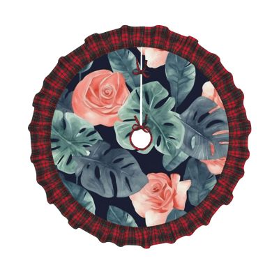 Watercolor Monstera Pattern Christmas Tree Skirt Vintage Xmas Tree Skirt with Red Black Buffalo Plaid Edge Christmas Tree Mat Christmas Tree Ornaments for Holiday Party Christmas Decorations