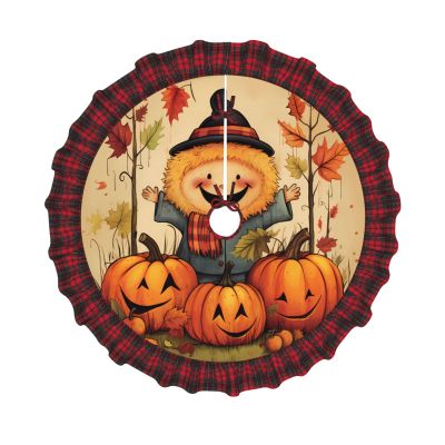 Happy Fall Christmas Tree Skirt Vintage Xmas Tree Skirt with Red Black Buffalo Plaid Edge Christmas Tree Mat Christmas Tree Ornaments for Holiday Party Christmas Decorations