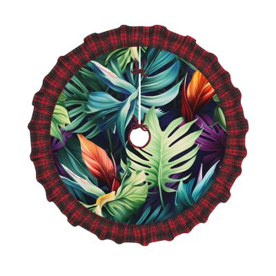 Summer Tropical Leaves Christmas Tree Skirt Vintage Xmas Tree Skirt with Red Black Buffalo Plaid Edge Christmas Tree Mat Christmas Tree Ornaments for Holiday Party Christmas Decorations