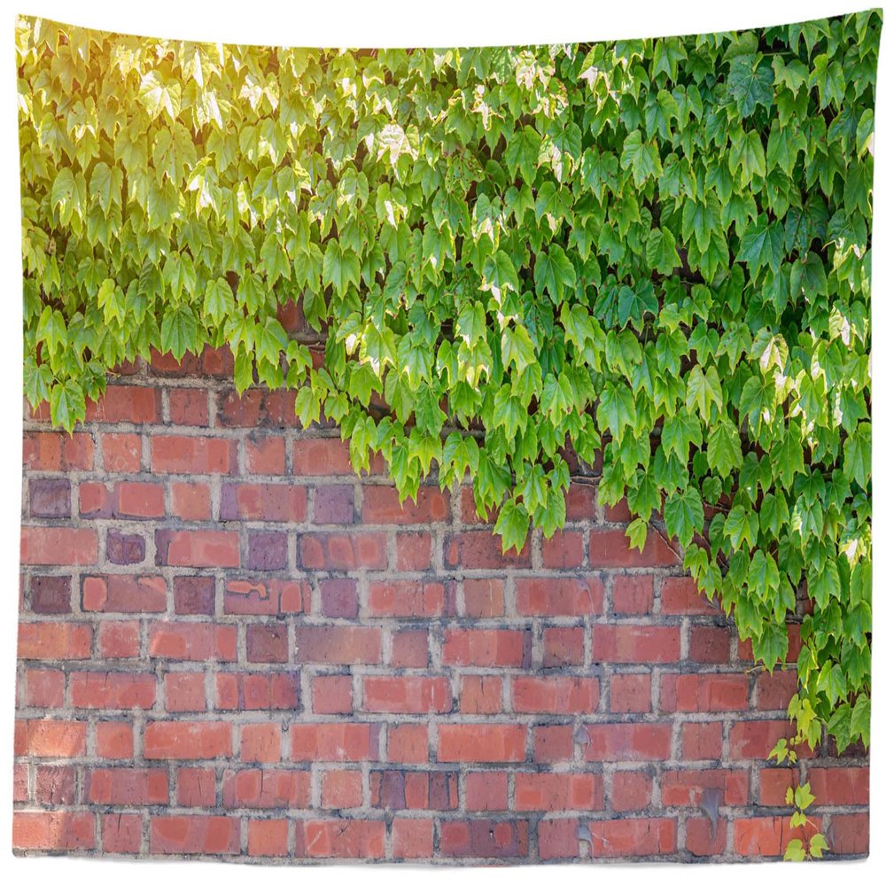 CORFOTO 180x98 Inch Fabric Retro Red Brick Wall Tapestry Green Ivy Sunlight Wall Hanging Tapestry for Wall Decor Bedroom Aesthetic Living Room College Dorm Decor Wallpaper