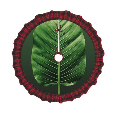 Summer Tropical Leaf Christmas Tree Skirt Vintage Xmas Tree Skirt with Red Black Buffalo Plaid Edge Christmas Tree Mat Christmas Tree Ornaments for Holiday Party Christmas Decorations