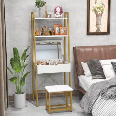 GOFLAME Vanity Table Set with Flip Top Mirror, Ladder Vanity Desk and Cushioned Stool Set with Shelves and Hidden Storage Compartments, Makeup Dressing Table Set for Bedroom, Small Spaces, White+Gold