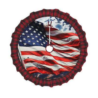 US Flag Christmas Tree Skirt Vintage Xmas Tree Skirt with Red Black Buffalo Plaid Edge Christmas Tree Mat Christmas Tree Ornaments for Holiday Party Christmas Decorations