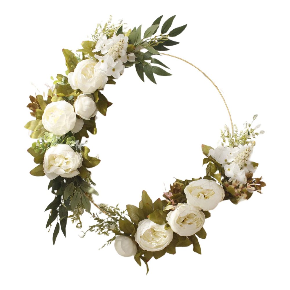 MOTUZP Floral Hoop Wreath,Artificial Peony Flower Wreath Spring Summer Farmhouse Wreath for Front Door Wall Window Party Festival Wedding Decor Flower Door Wreath with Green Leaves,Metal R