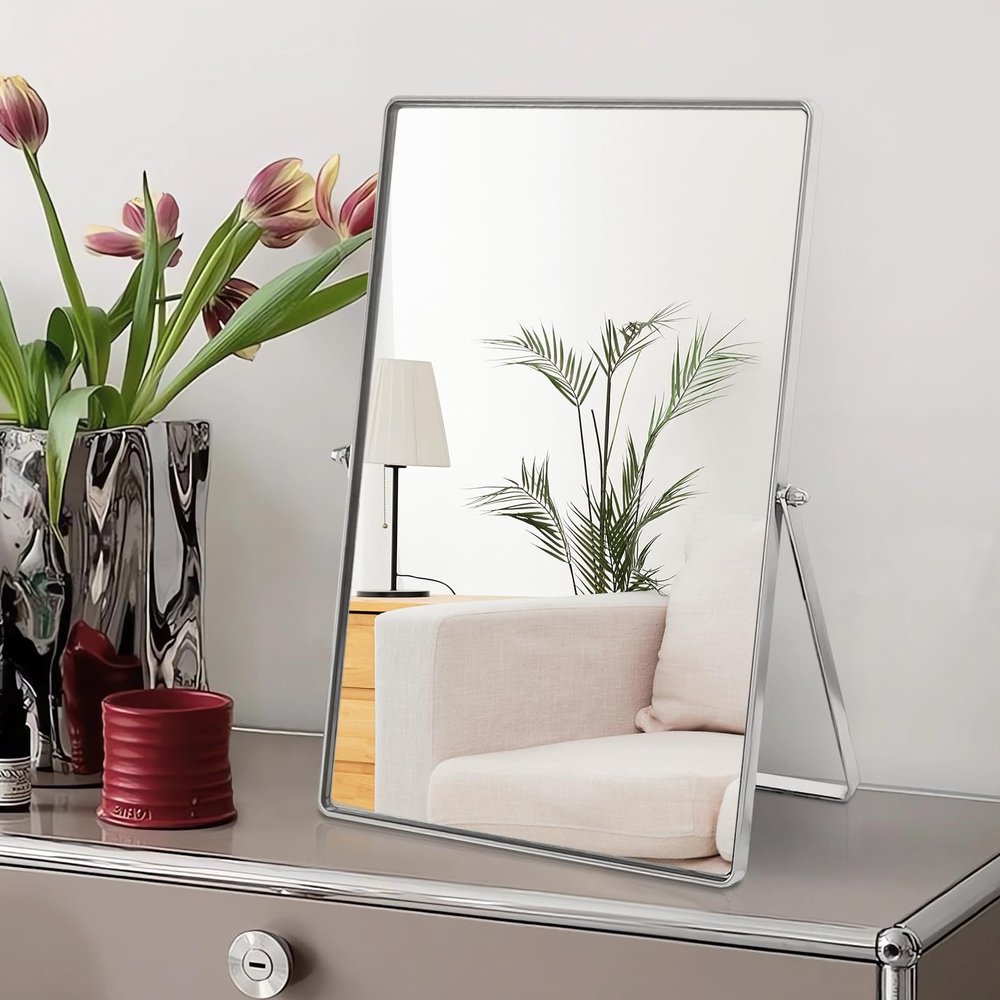Numjeg Makeup Vanity Mirror Portable Desktop Mirror with Metal Stand Adjustable 90 Rotation Desk Mirrors for Dressing Room,Bedroom, Bathroom,Tabletop,Square Silver