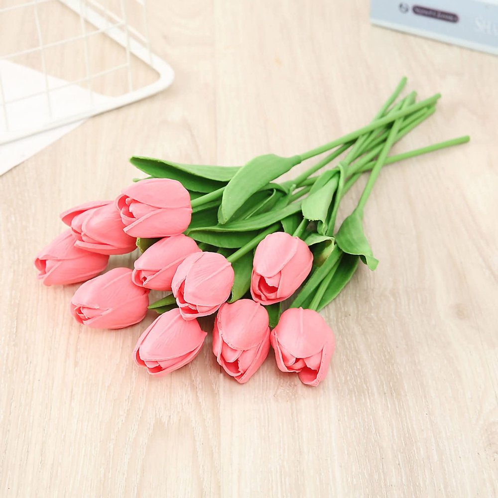MOTUZP 1PCS Mini Tulips,Artificial Flowers Faux TuliTable Party Wedding Home Decor[Dark Pink] Real Touch Tulips Faux Flowers Bouquet for Room O
