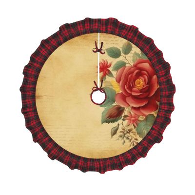 Vintage Paper with Flowers Christmas Tree Skirt Vintage Xmas Tree Skirt with Red Black Buffalo Plaid Edge Christmas Tree Mat Christmas Tree Ornaments for Holiday Party Christmas Decorations