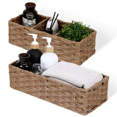 DULLEMELO Small Wicker Toilet Tank Basket Set of 2 Waterproof Bathroom Baskets for Organizing, Brown
