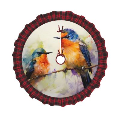 Oil Painting Bird Christmas Tree Skirt Vintage Xmas Tree Skirt with Red Black Buffalo Plaid Edge Christmas Tree Mat Christmas Tree Ornaments for Holiday Party Christmas Decorations