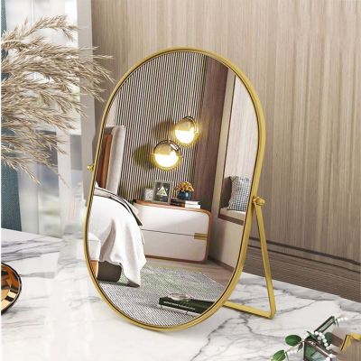 Numjeg Vanity Desk Table Mirror Oval Makeup Mirror 90Adjustable Rotation Golden Metal Framed Standing Mirrors Room Decor for Living Room,Bedroom,Tabletop,Bathroom