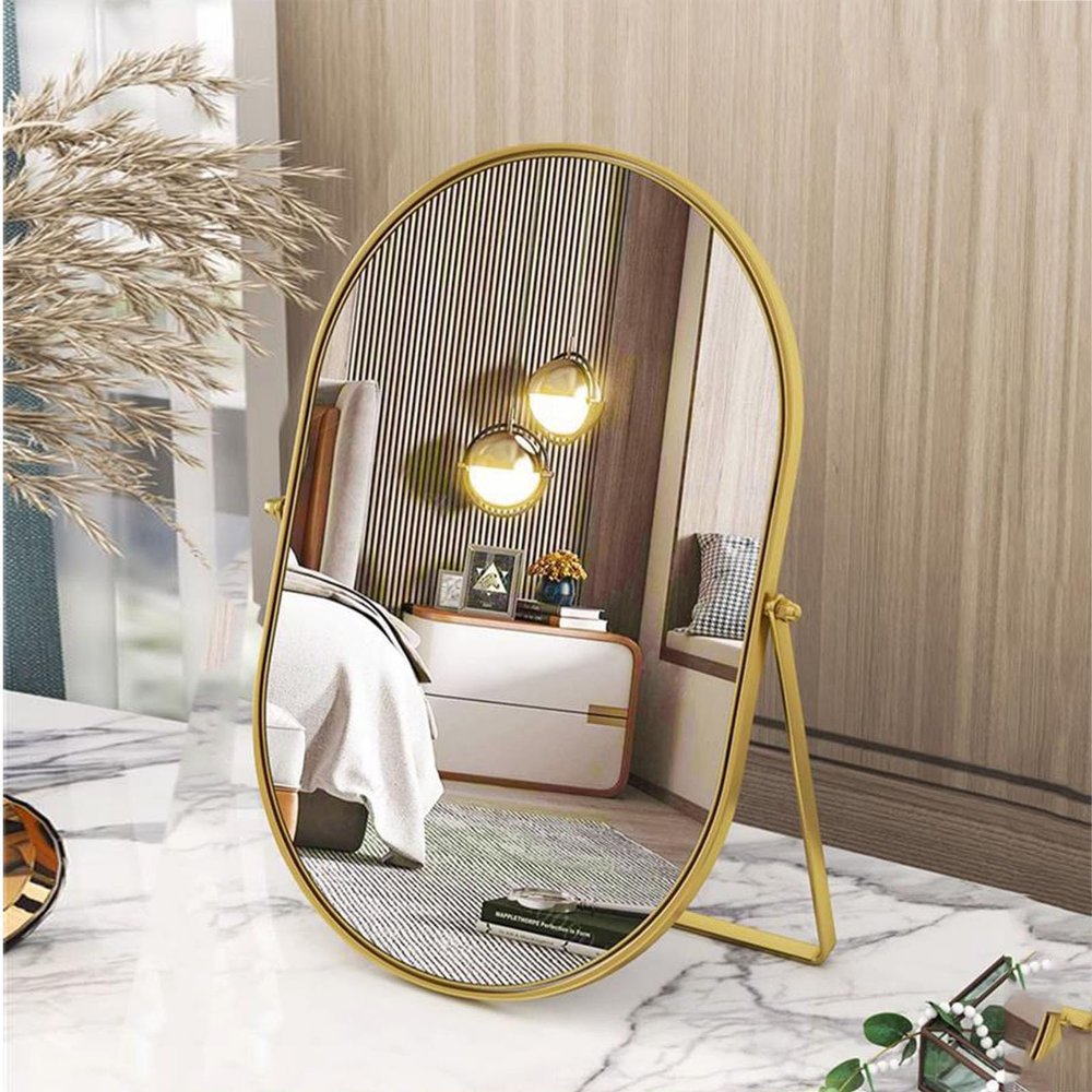 Numjeg Vanity Desk Table Mirror Oval Makeup Mirror 90Adjustable Rotation Golden Metal Framed Standing Mirrors Room Decor for Living Room,Bedroom,Tabletop,Bathroom