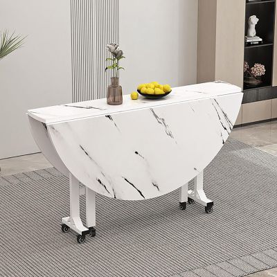 Saving Folding Dining Table,Round Drop Leaf Kitchen Dining Room Tables, Universal Wheel with Brake for Kitchen Home Party (Color : White a, Size : 100cm/39.4in)