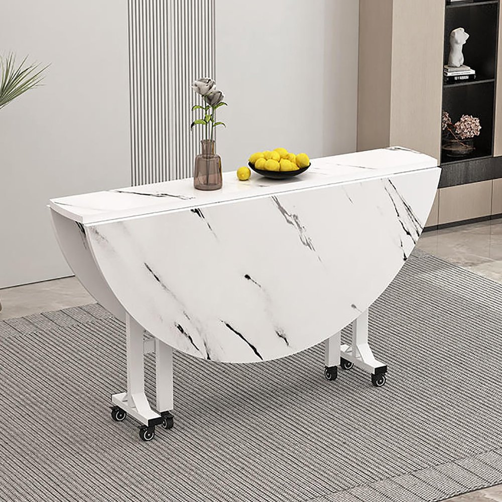 Saving Folding Dining Table,Round Drop Leaf Kitchen Dining Room Tables, Universal Wheel with Brake for Kitchen Home Party (Color : White a, Size : 100cm/39.4in)