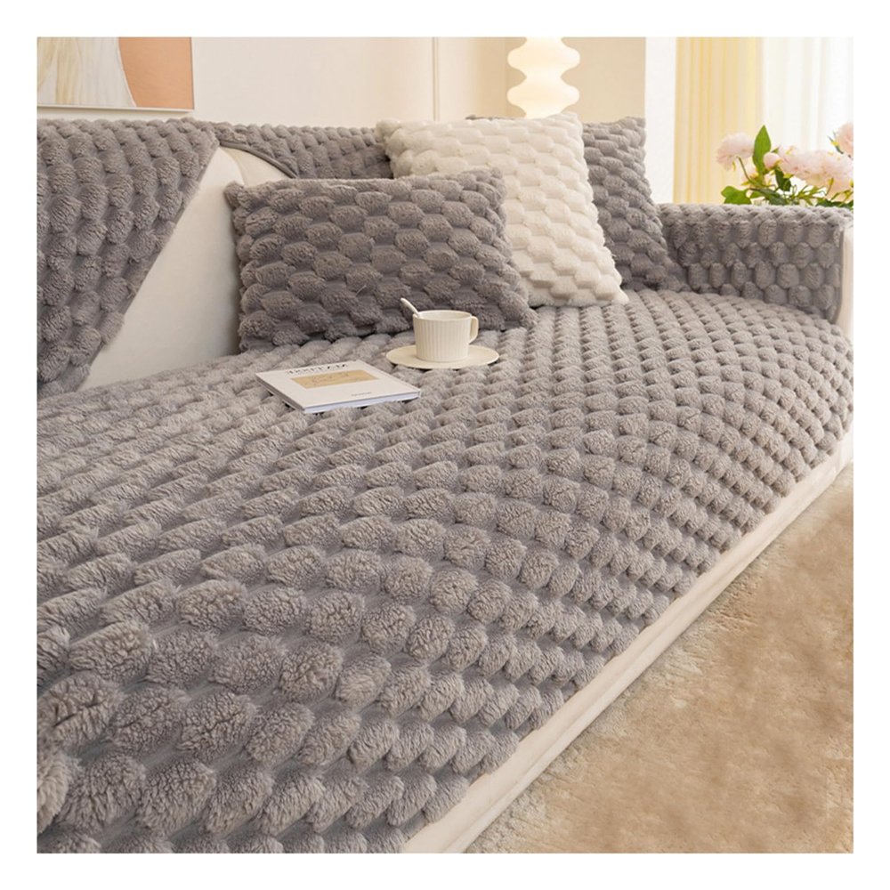 AOPPLSOT Non Slip Sofa Cover, Thick Plush Sofa Slipcovers, Sofa Covers 3 2 1 4 Seater, L Shape Funny Fuzzy Sofa Cover, Sofa Protectors from Pets, Honeycomb Velvet,Grey,90 * 120cm