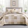 Mybedsoul Beige Boho Quilt Set Queen Size, 3 Pieces Plaid Floral Bedspread Set Patchwork Reversible Bedding Set Microfiber Bedding Bedspread Coverlet Set for All Season 90"x96" view 1
