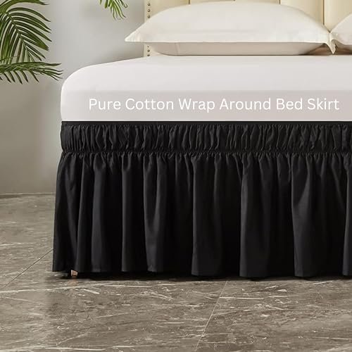 Wrap Around Bed Skirts with 15" Drop - Three Sides Fabric Adjustable Elastic Dust Ruffle Silky Soft -600 Thread Count 100% Pure Cotton Bed Skirt with 15" Drop-Olympic Queen(66"X 80") Black