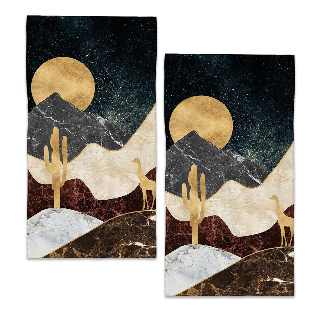 BIGXIUKA Bath Hand Towel 2 Pack Boho Sun Mountain Absorbent Hand Towels Deer Cactus Face Towel Soft Breathable Bathroom Towel for Kitchen Hotel Spa Decor Gift 28 x14 in