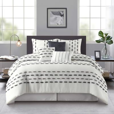 Stratford Park White Grey Comforter Set King Size, 7 Piece, Clip with Waffle Base Fabric Bedding Set, All Season
