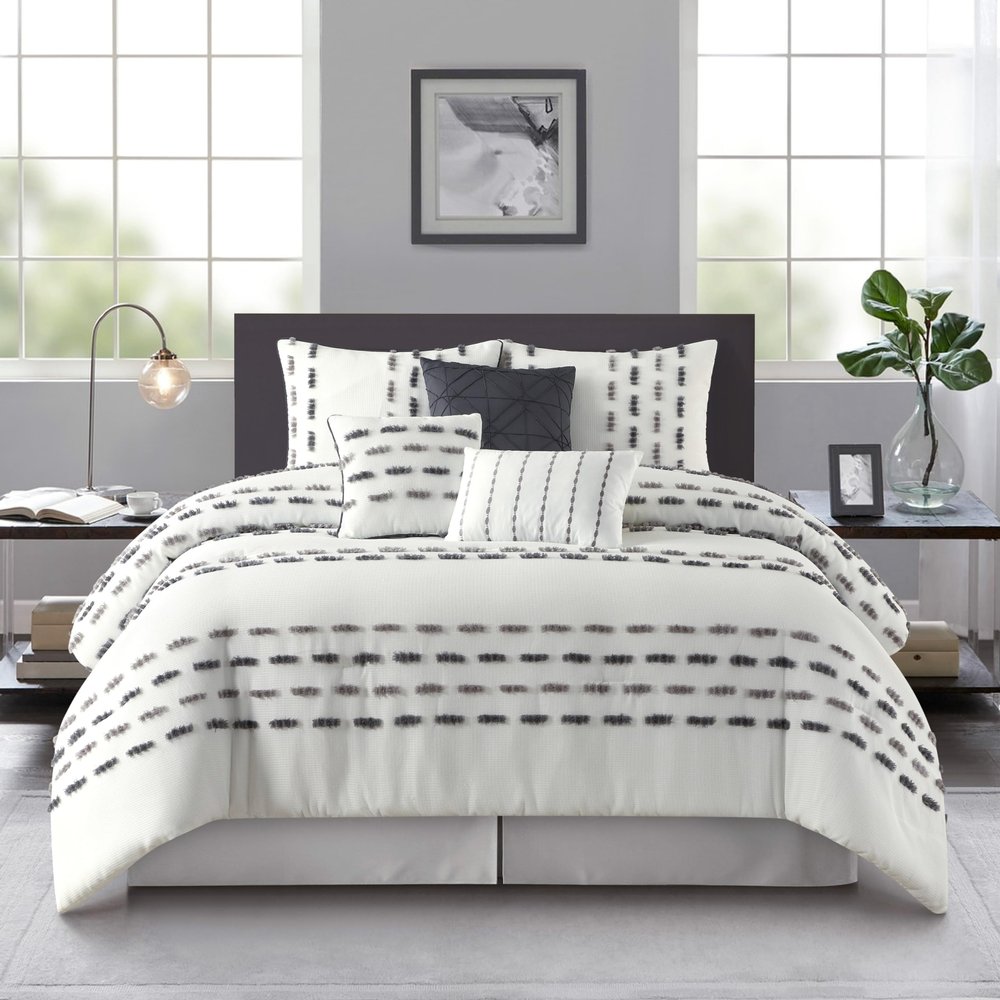 Stratford Park White Grey Comforter Set King Size, 7 Piece, Clip with Waffle Base Fabric Bedding Set, All Season