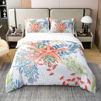 100% Cotton Watercolor Ocean Animals Duvet Cover Queen,Colorful Starfish Underwater Flowers Coral Bedding Set (Not Comforter),Summer Seaside Camping Coastal Plants Comforter Cover Bedding 3 Piece