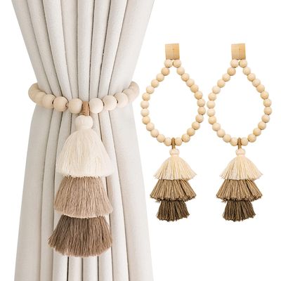 BDHRKTE 2pcs Wooden Bead Curtain Tiebacks, Boho Tassel Magnetic Curtain Clasp, No Hole Punching Decorative (Coffee)