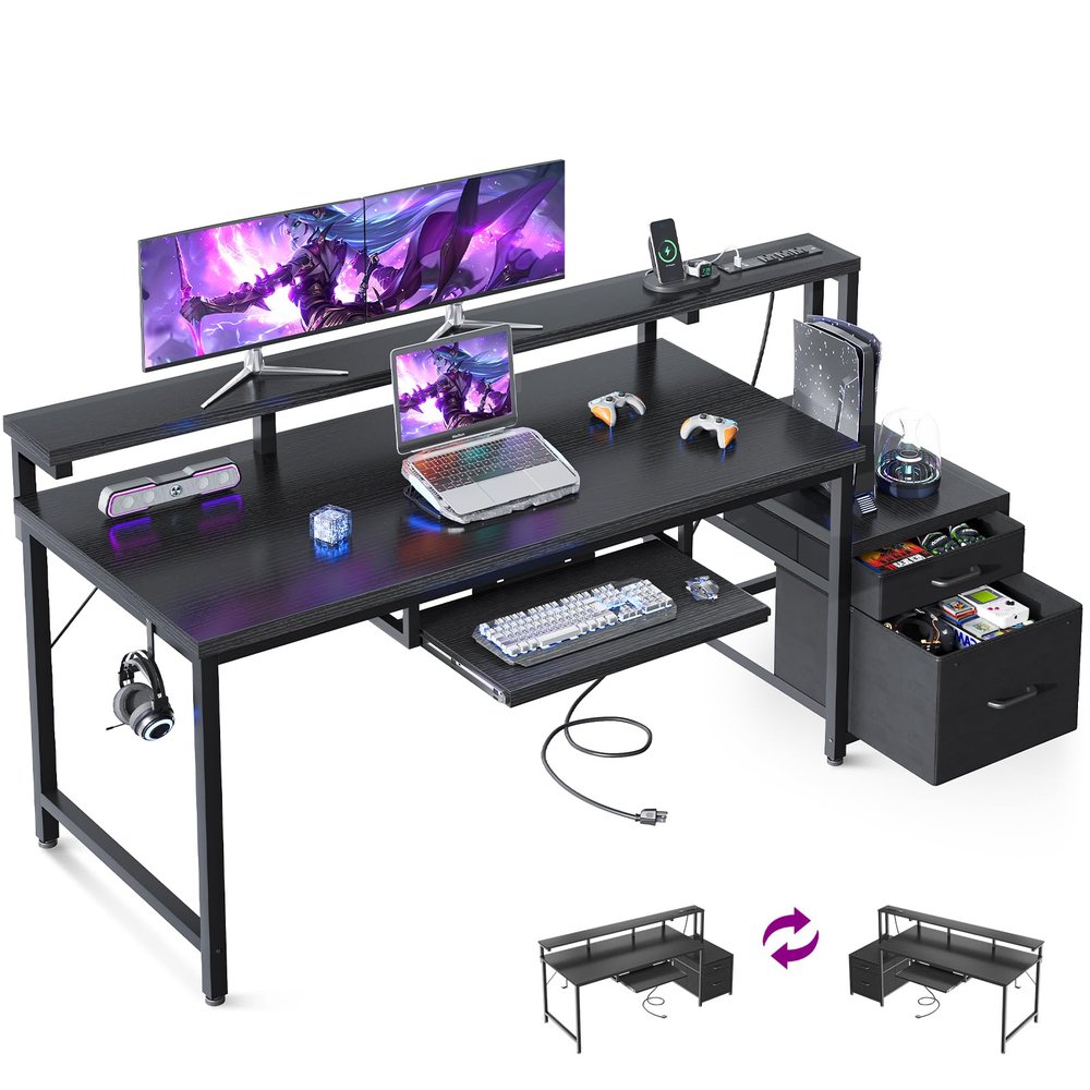 AODK Computer Desk with Drawers and Keyboard Tray, 63" Office Desk with Power Outlet, Reversible Study Work Desk with Printer Shelf and File Cabinet for Home Office, Black