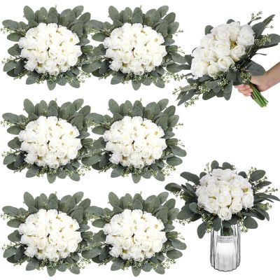 Zeyune 12 Bunches Wedding Bridesmaids Bouquets 144 Heads 7 Inch Artificial Rose Bouquets Silk Fake Flower Bulk with Stems for Valentine's Day Wedding Bridal Shower Home Party Decor(White)