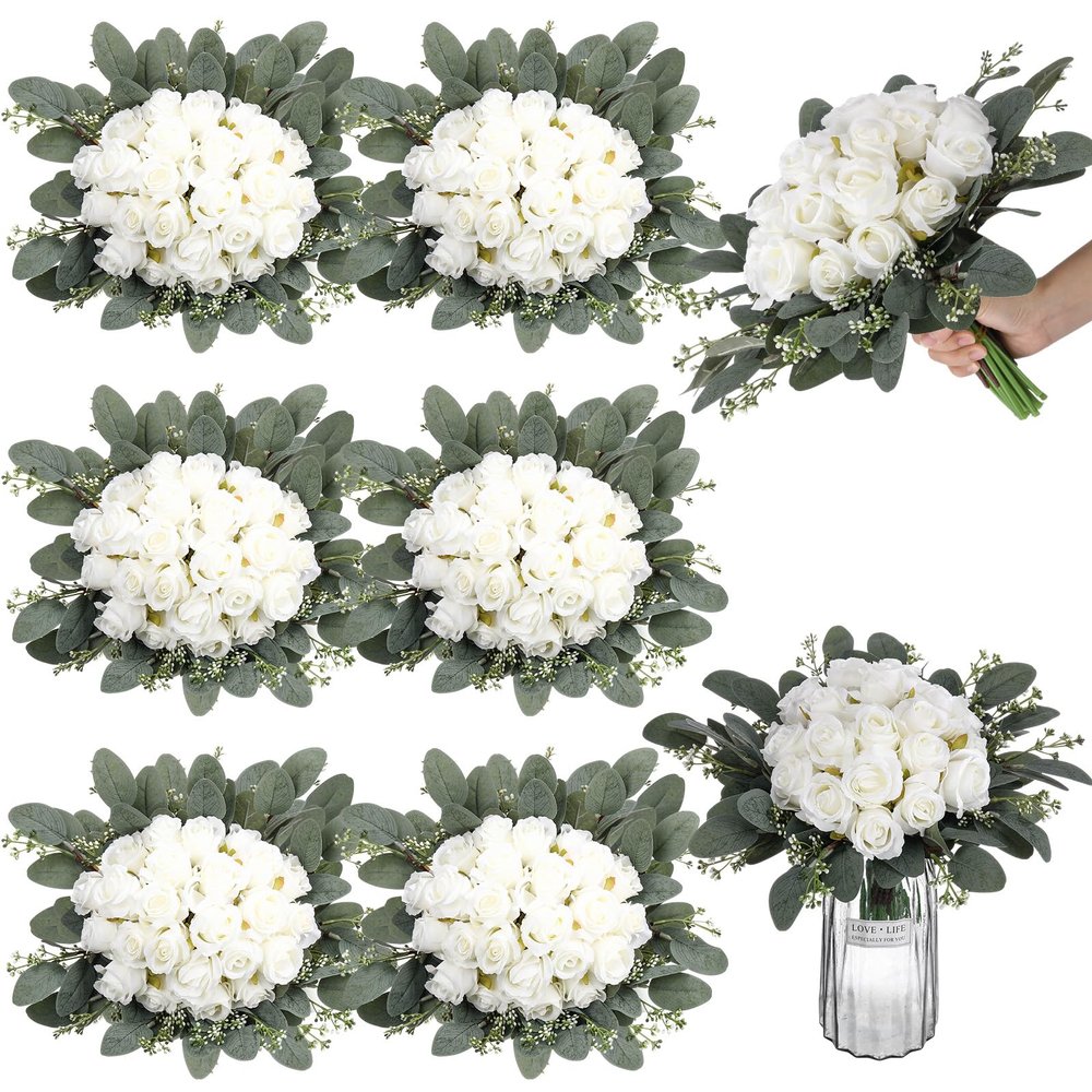 Zeyune 12 Bunches Wedding Bridesmaids Bouquets 144 Heads 7 Inch Artificial Rose Bouquets Silk Fake Flower Bulk with Stems for Valentine's Day Wedding Bridal Shower Home Party Decor(White)