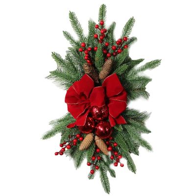 Christmas Stairs Wreath with Red Berries Pine Cones and Bow Tie Indoor Outdoor Holiday Decoration 23.6 Inch PVC Rattan Cloth Material Reusable Festive Decor