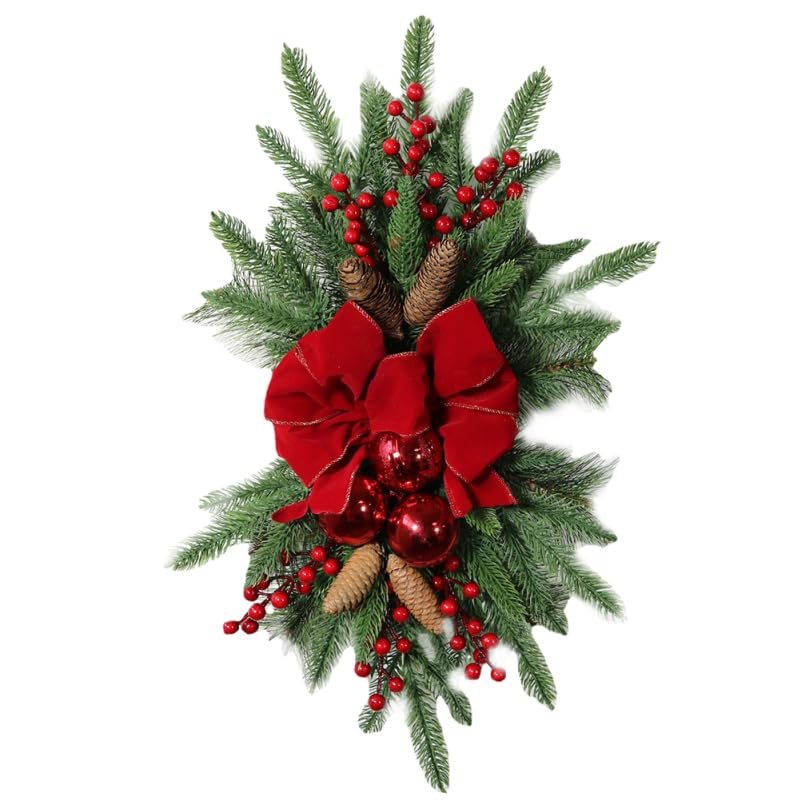 Christmas Stairs Wreath with Red Berries Pine Cones and Bow Tie Indoor Outdoor Holiday Decoration 23.6 Inch PVC Rattan Cloth Material Reusable Festive Decor