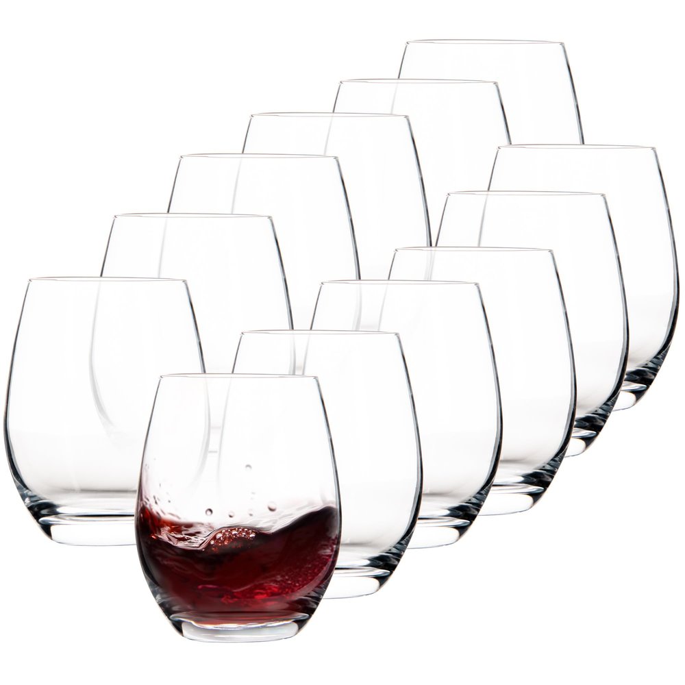 HAKEEMI 15oz Stemless Wine Glasses Set of 12, Durable Glassware, Dishwasher Safe for White/Red Wine, Cocktail, Juice - Modern Home & Party Use