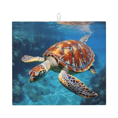 Dish Drying Mat for Kitchen Counter, Absorbent Microfiber Drainer Mats, Non-slip Kitchen Draining Mat for Coffee Machine Dish Rack Pad 18"x16" Ocean cute sea turtle oil painting Dish Drainer Pad