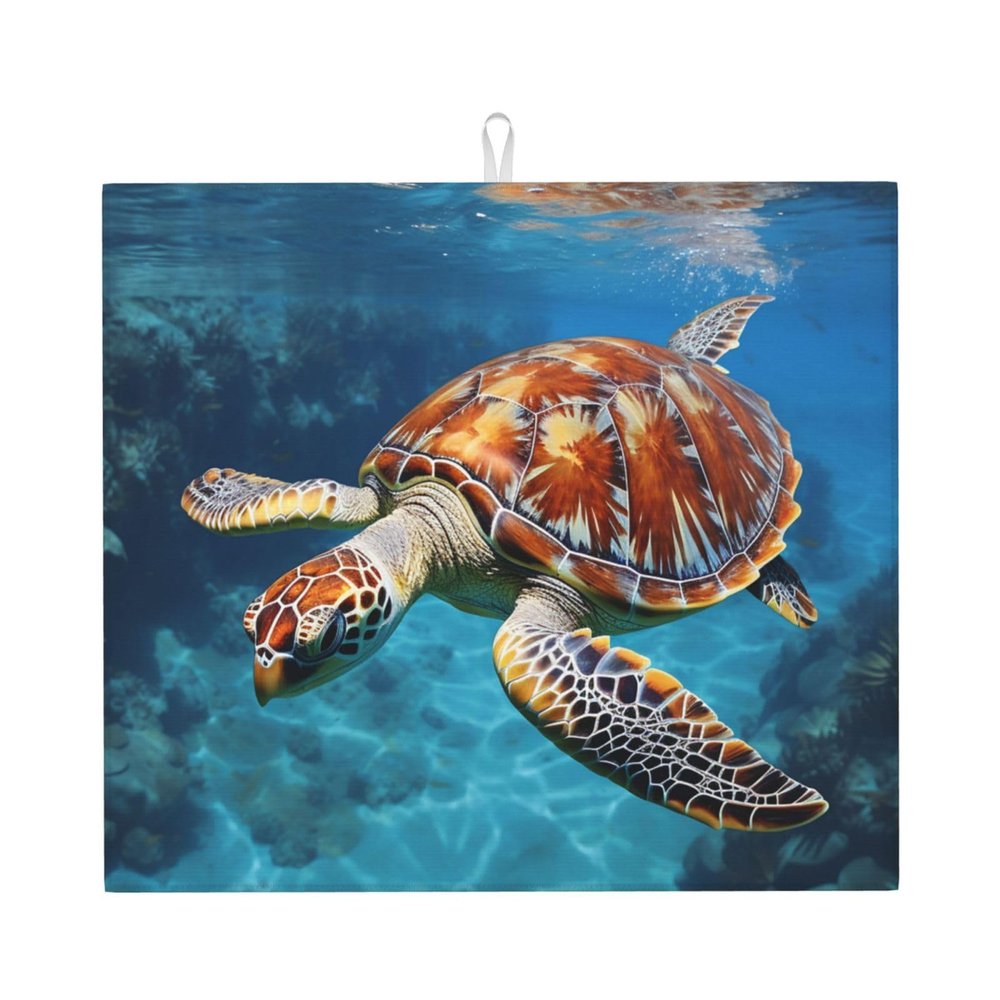 Dish Drying Mat for Kitchen Counter, Absorbent Microfiber Drainer Mats, Non-slip Kitchen Draining Mat for Coffee Machine Dish Rack Pad 18"x16" Ocean cute sea turtle oil painting Dish Drainer Pad