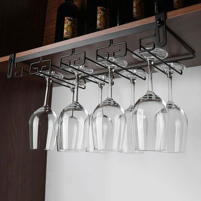 MObyat Wine Glass Holder Under Shelf, Under Cabinet Wine Glass Rack Stainless Steel Stemware Rack, No Drill & Screws Hanging, 2/3/4/5 Rows, Black, Gold (Color : Black, Size : 4 Rows)