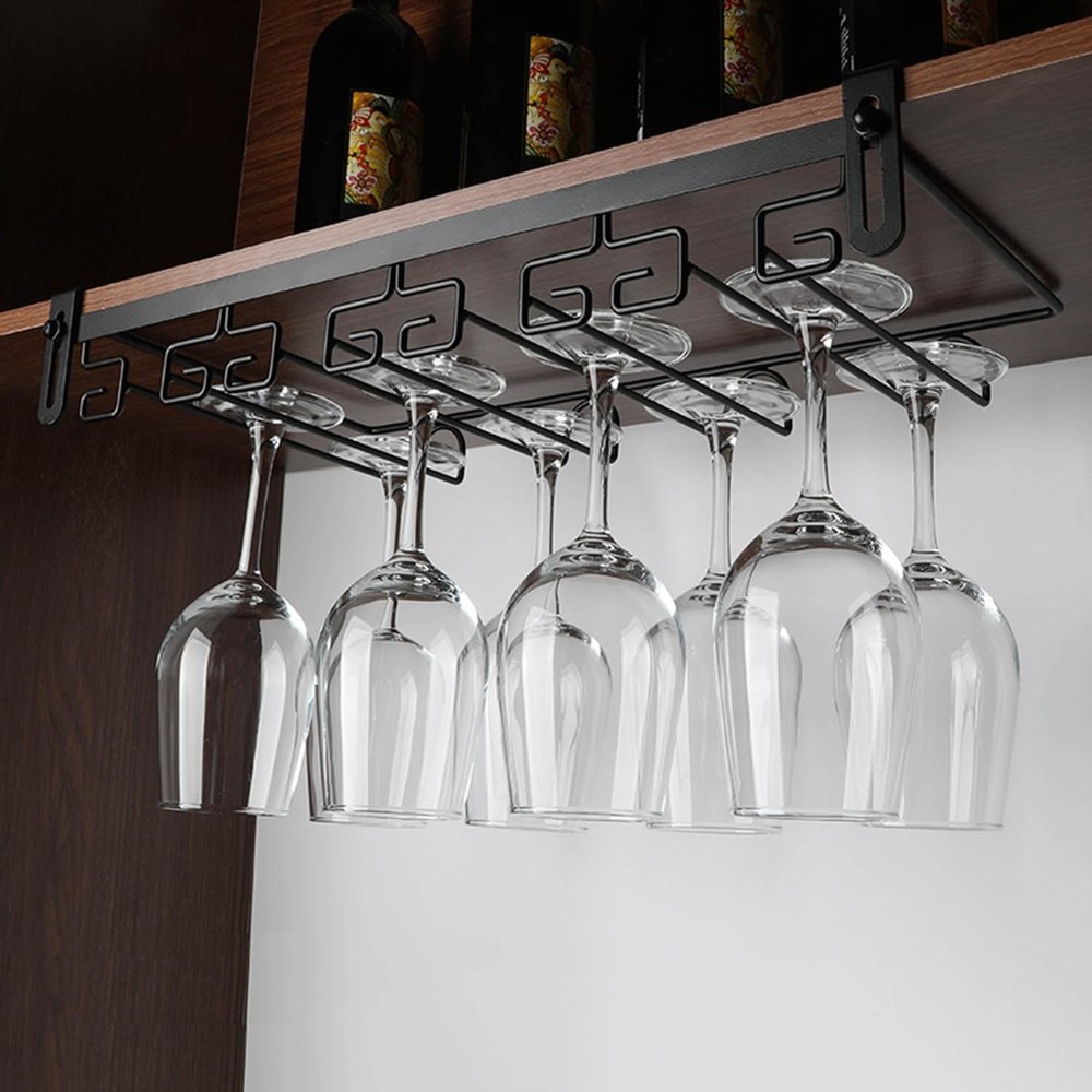 MObyat Wine Glass Holder Under Shelf, Under Cabinet Wine Glass Rack Stainless Steel Stemware Rack, No Drill & Screws Hanging, 2/3/4/5 Rows, Black, Gold (Color : Black, Size : 4 Rows)