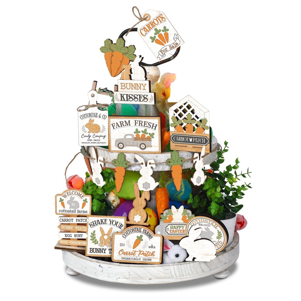 Amyhill 24 Pcs Easter Tiered Tray Decor Bunny Carrot Farmhouse Easter Decorations Spring Tiered Tray Decor Wooden Signs Mini Table Decorations for Home Kitchen Coffee Bar Shelf