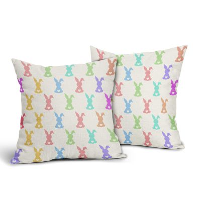Easter Cute Rabbits Pillow Covers 16x16 Inches Colorful Bunny Throw Pillow Case Set of 2 Easter Spring Pillow Cover Cotton Linen Cushion Cover for Home Couch Sofa Bedroom Livingroom