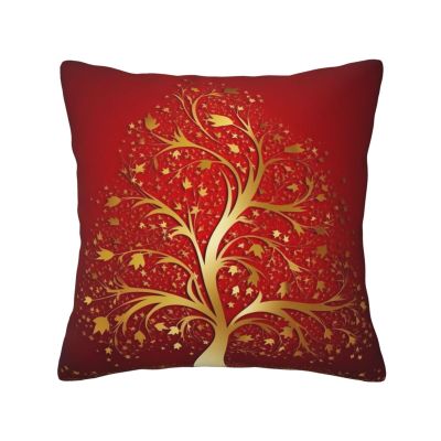 Decorative Throw Pillow Covers Red Background Gold Tree Print Throw Pillow Cover Square Cushion Case Soft Couch Throw Pillows Farmhouse Cushion Covers For Sofa Bedroom Living Room Xmas Decor 12"x12"