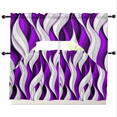 Jolunifun Modern Purple Swag Kitchen Curtain Sets with Valance,3 Pieces Rod Pocket Curtain Drapes for Bedroom Bathroom Cafe Windows,Geometric Stripes Abstract Grey White 56''x36''&36''x27.5''x2Panels
