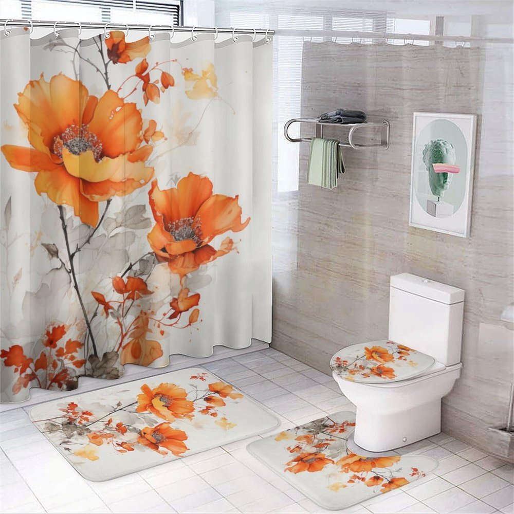 Dunmat 4 Pieces Abstract Flowers Shower Curtain Set Orange Nature Flower Bathroom Decor Sets with Rugs Bathroom Accessories Set Bathroom Curtain Shower Set with 12 Hooks