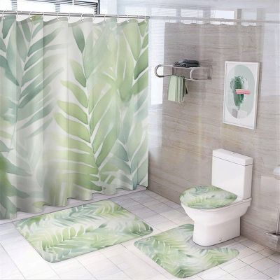 Modern Tropical Leaves Shower Curtain 4 Piece Sets with Non-Slip Rugs,Toilet Lid Cover and Bath Mat Abstract Botanical Minimalism Waterproof Shower Curtain with 12 Hooks Bathroom Set Home Decor
