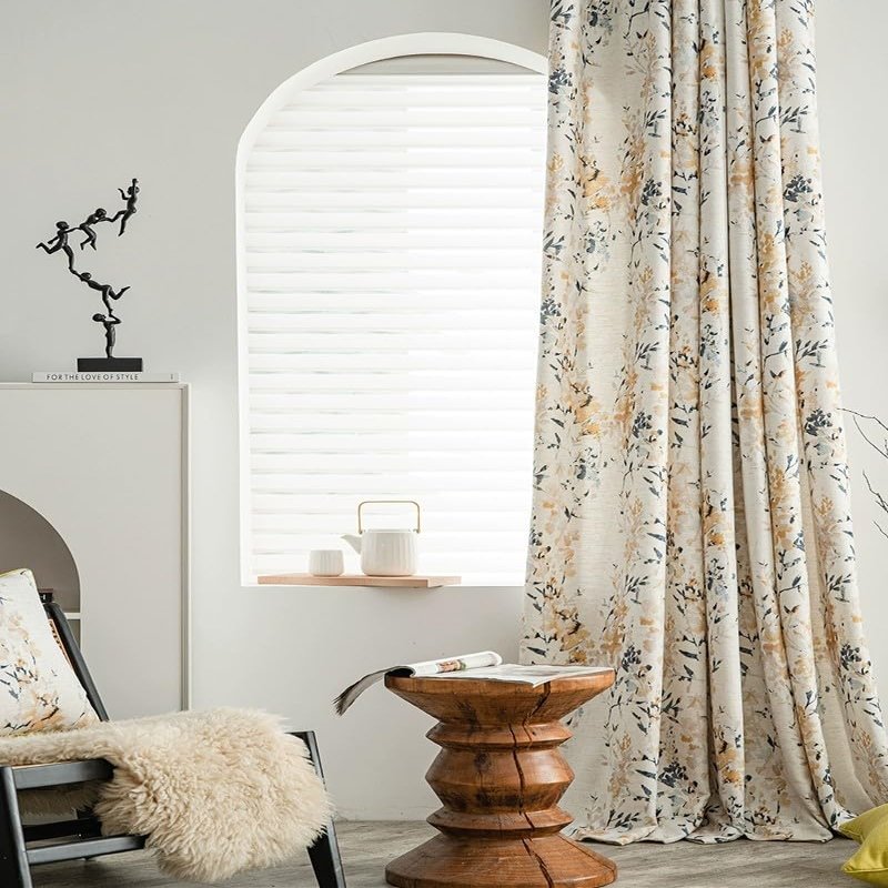 ILUOGUDU Linen Curtains for Bedroom Linen Boho Curtains 96 Inches Long 1 Panel Farmhouse Floral Drapes for Living Room 60% Blackout Grommet Window Treatment Ivory Yellow on Beige 63 x 96 inches