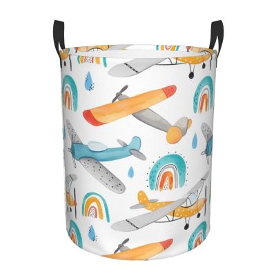 Watercolor Cute Airplanes Laundry Basket Waterproof Collapsible Laundry Hamper with Durable Handle Circular Storage Bin Dirty Clothes Bag for Dorm Office Home Bedroom Nursery