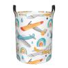 Watercolor Cute Airplanes Laundry Basket Waterproof Collapsible Laundry Hamper with Durable Handle Circular Storage Bin Dirty Clothes Bag for Dorm Office Home Bedroom Nursery view 1