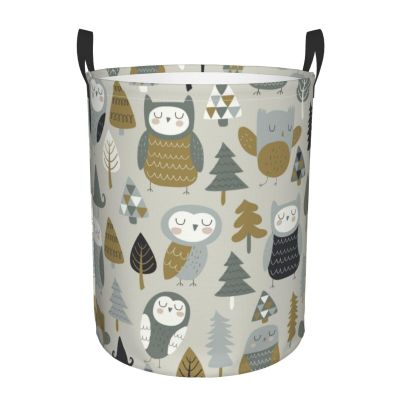 Cute Owls and Trees Grey Laundry Basket Waterproof Foldable Laundry Hamper with Durable Handle Round Storage Basket Dirty Clothes Organizer Bag for Bathroom Bedroom College Dorm