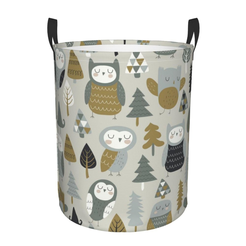 Cute Owls and Trees Grey Laundry Basket Waterproof Foldable Laundry Hamper with Durable Handle Round Storage Basket Dirty Clothes Organizer Bag for Bathroom Bedroom College Dorm
